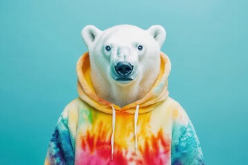 whimsical polar bear wearing rainbow tiedye hoodie against pastel blue background playful...