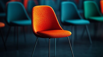 A distinctive chair in the spotlight among many chairs, hiring theme, sharp focus, dark studio setting, 3D render 