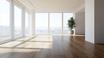 Fototapeta premium Modern Minimalist Apartment Interior Design Spacious Room with Large Windows Panoramic City View Sunlight Hardwood Floor Bright Light Minimalist Decor Stylish Home Empty Room Contemporary Architecture