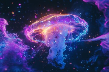 Naklejka premium Vibrant Neon Jellyfish Illuminated in an Abstract Ocean Scene