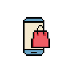    phone sign with the shopping bag icon 8 bit, pixel art online shopping  icon for game  logo. 