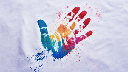 vibrant handprint made with colorful Holi powders on white background, showcasing spectrum of colors and festive spirit