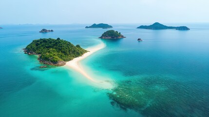 Fototapeta premium Aerial view of the turquoise sea surrounding small tropical islands in the southern Thai region, perfect for a tropical getaway.
