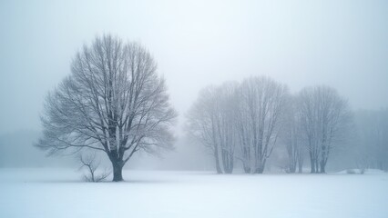 Fototapeta premium Snowy field with a lone tree in the foreground