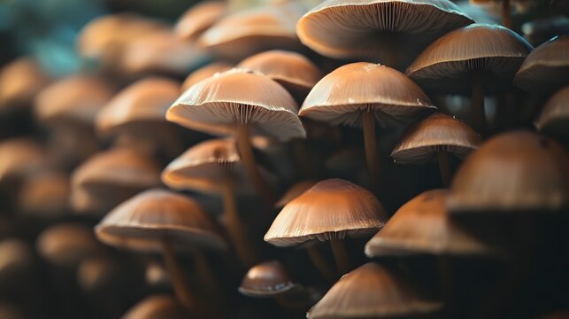 Series of stacked brown mushrooms captured with contemporary cinematic lighting creating a moody and atmospheric still life scene with a focus on the organic textures and patterns of the fungal forms