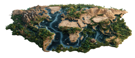 World map illustration featuring various animals from different continents and regions isolated on transparent background..