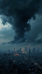 Dark swirling clouds over a bustling city with soft, beginning rain mist