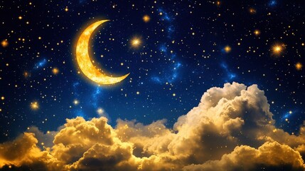 Fototapeta premium Night Sky with Bright Moon and Twinkling Stars Overclouds