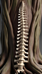 A detailed spine is integrated into a tree structure, merging human anatomy with the natural world. The bark and roots enhance the lifelike representation of this unique concept