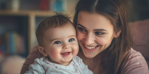 Sweet Moments: A tender portrait of a loving mother cradling her adorable baby, their faces lit with pure joy, warmth, and happiness, creating a heartwarming depiction of familial love. 