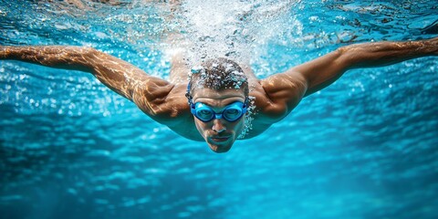 Fototapeta premium Underwater Dive: An athlete with goggles and cap gracefully cuts through the water
