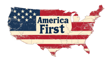 A bold graphic featuring the text “America First” with the U.S. flag motif integrated into the shape of the United States map, isolated on a transparent PNG background. 