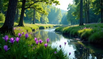 A few purple flowers peek out from behind trees along a Sakhalin region river, trees, forest