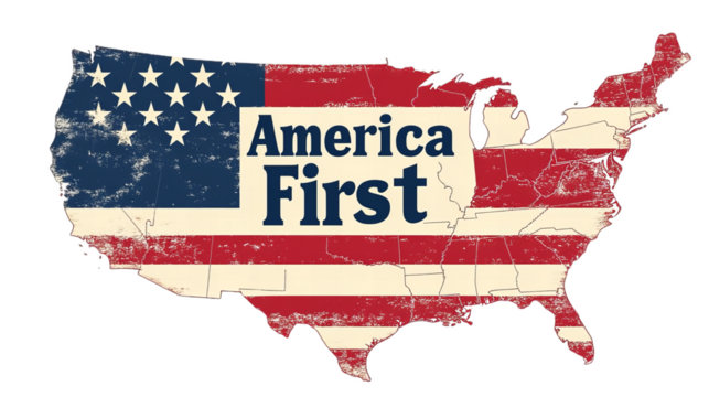 A bold graphic featuring the text “America First” with the U.S. flag motif integrated into the shape of the United States map, isolated on a transparent PNG background.  - Powered by Adobe