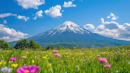 Beautiful frontal shot of Mt. Fuji during the spring season, with lush green fields and colorful wildflowers framing the base of the mountain.