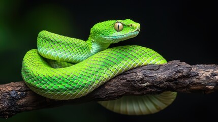 Viper with Radiant Green Scales Coiled on Natural Background