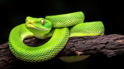 Obraz premium Radiant Green Viper Coiled on Branch with Stunning Scales