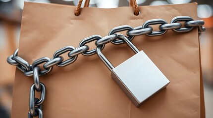 a steel lock chain wrapped around a brown paper shopping bag, concept of prevent of stealing or robbery 