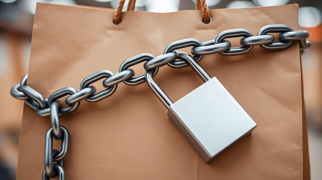 a steel lock chain wrapped around a brown paper shopping bag, concept of prevent of stealing or robbery 