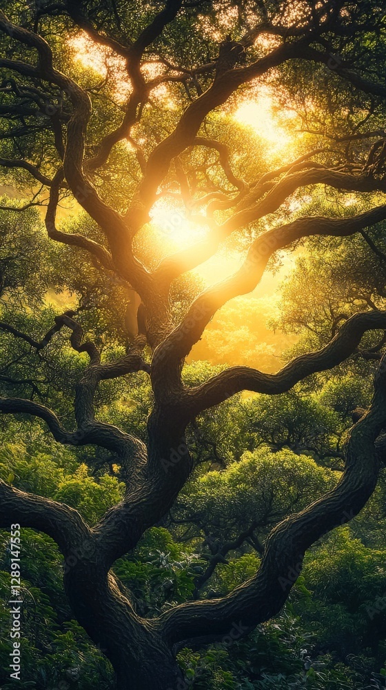 Poster ancient twisted tree with sunlit canopy in lush forest, golden light filtering through. nature's bea