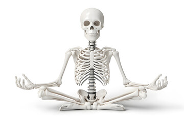 Human skeleton sitting in yoga pose, practicing , isolated on white background