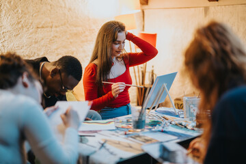 A group of creative individuals expressing ideas through painting in a brightly lit studio. Collaboration, creativity, and learning are showcased in this artistic workshop environment.