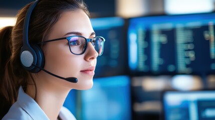 Fototapeta premium Focused Call Center Worker in Headset Engaged with Multiple Screens
