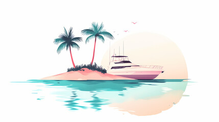 Obraz premium Simple 2d drawing of a yacht floating near a tropical island, with soft colors and a minimalist look on white. Minimalist Floating Islands. Illustration
