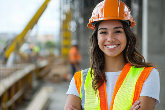 Smiling female construction crossed arms at construction site