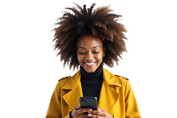 Smiling African American businesswoman with afro hair using smartphone. Portrait isolated on white background. Ideal for business, technology, and lifestyle content.