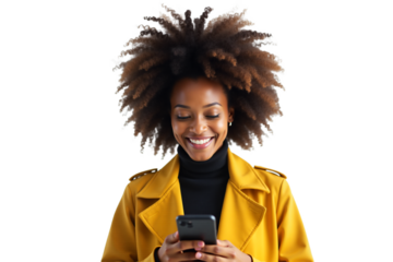 Smiling African American businesswoman with afro hair using smartphone. Portrait isolated on white background. Ideal for business, technology, and lifestyle content.