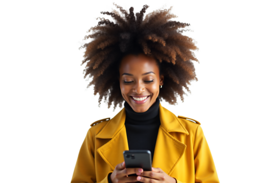 Smiling African American businesswoman with afro hair using smartphone. Portrait isolated on white background. Ideal for business, technology, and lifestyle content.