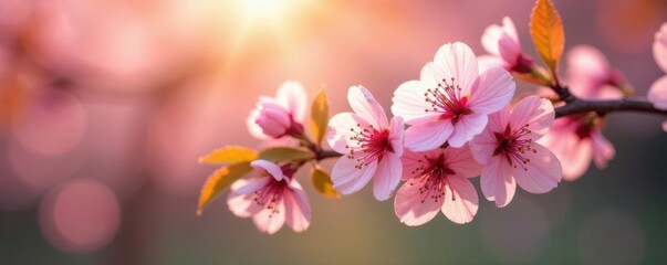 Obraz premium Golden cherry blossom branch with delicate pink flowers, nature, branch, leaves