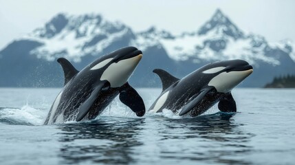 Fototapeta premium Two killer whales breaching in alaska's icy waters