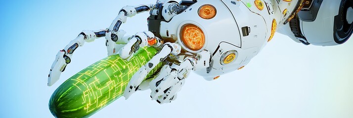 Innovative robot with glowing circuits fertilizing cucumbers under a clear blue sky
