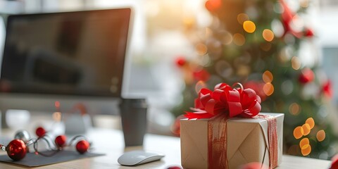  Festive Workspace with Wrapped Gift, Coffee, and Christmas Tree