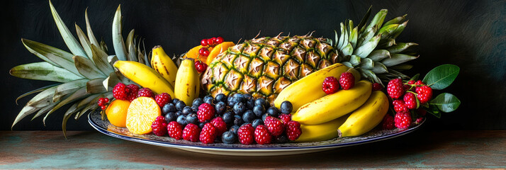 A vibrant tropical composition of pineapple, bananas, and bright berries arranged on a ceramic platter, glowing under natural light, exuding an exotic, appetizing, and joyful summer atmosphere, banner