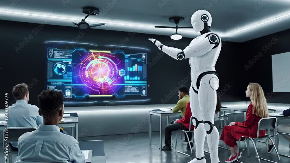 Poster Humanoid robot presenting data analysis on digital screen to diverse students, showcasing technological advancement and interactive learning in modern classroom environment