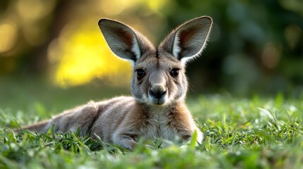 Fototapeta premium Kangaroo resting peacefully on grass at sunset in australian outback