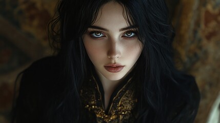 Fototapeta premium Enigmatic Portrait of Woman with Dark Hair and Striking Eyes