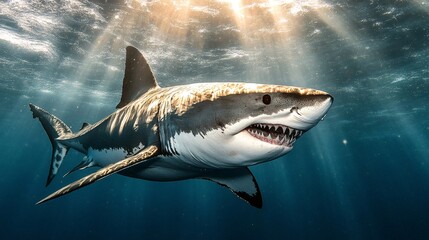 Fototapeta premium Great white shark swimming in sunlit ocean water