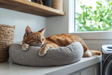 Fototapeta na wymiar A content cat napping peacefully in a cozy cat bed, set in a bright, minimalist laundry room with natural light, tranquil, stylish, clean, organized, perfect for home decor inspiration