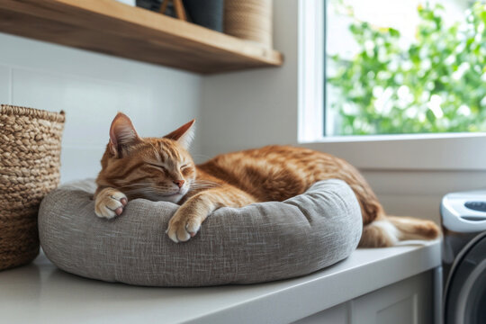 A content cat napping peacefully in a cozy cat bed, set in a bright, minimalist laundry room with natural light, tranquil, stylish, clean, organized, perfect for home decor inspiration