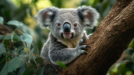 Fototapeta premium Koala bear hugging tree branch in lush forest