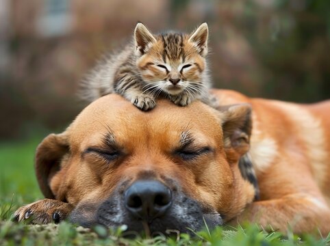 Playful Kitten Climbs onto Sleeping Dog's Head in a Humorous and Unexpected Moment