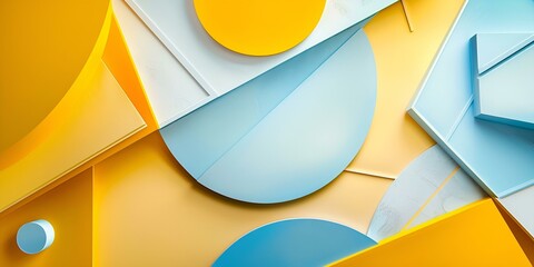 Abstract Geometric Shapes in Blue and Yellow with Circles, Squares, and Triangles