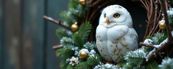 Obraz premium Snowy owl in a rustic winter wreath with twigs, owl, greenery, rustic decor