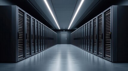 Futuristic minimalist government data center with glowing circuits, secure digital governance