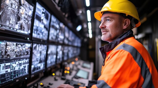Worker in high-visibility jacket and hard hat overseeing multiple screens in an industrial control room with complex machinery and instrumentation