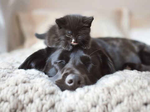 Playful Kitten Climbs onto Sleeping Dog's Head in a Humorous and Unexpected Moment